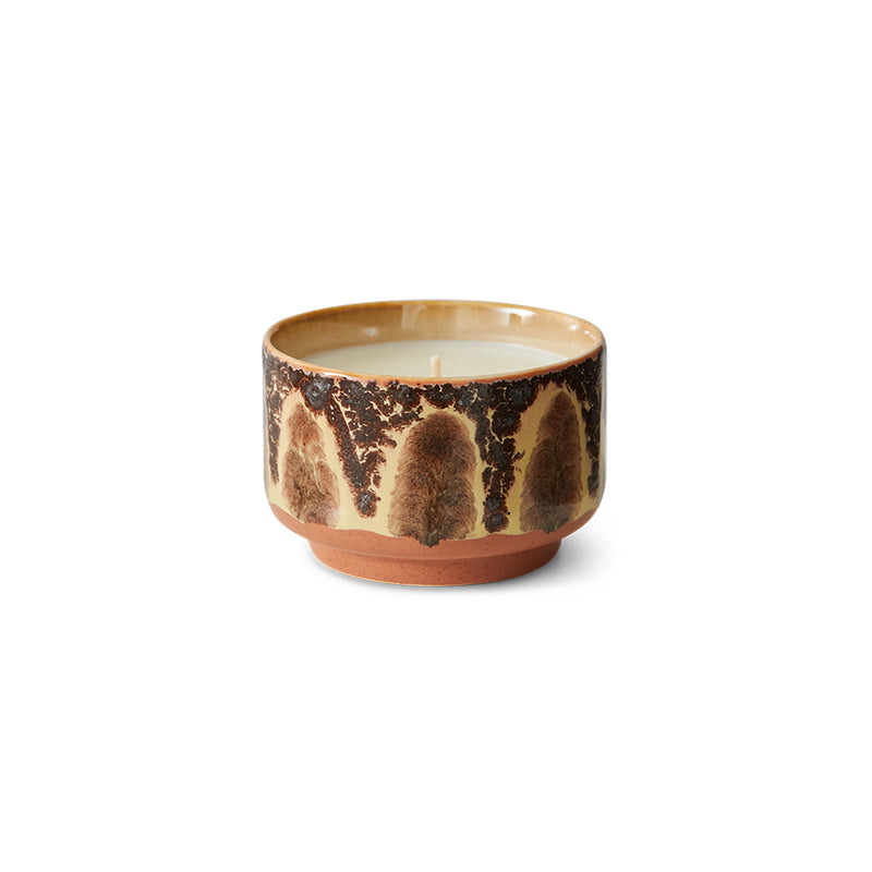 HKLIVING Kyoto scented candle in a brown and beige 70s-style ceramic pot, shown from the front.