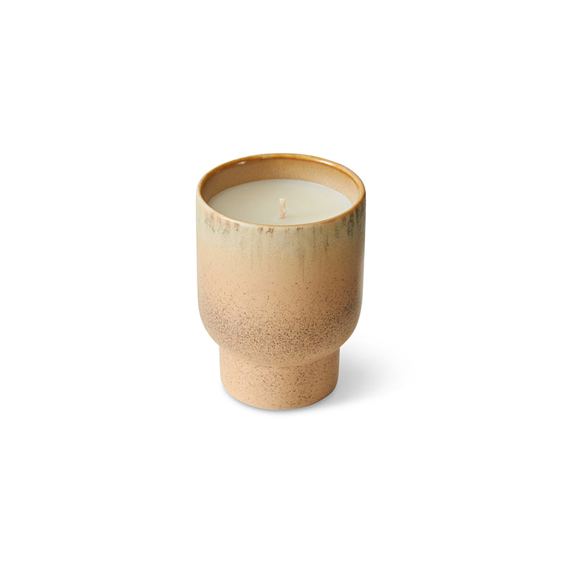 Peppermint, Lily of the Valley & Cedar Wood scented candle in a ceramic holder