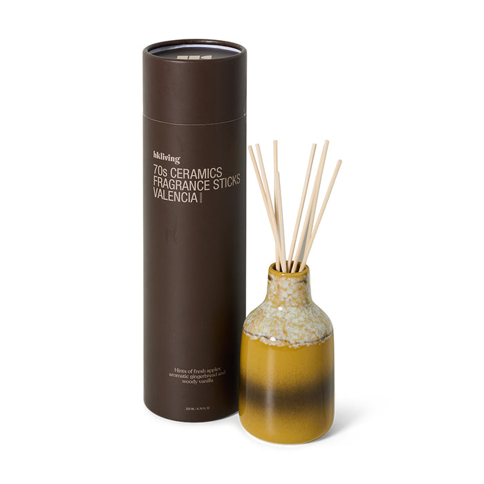 Valencia reed diffuser in yellow stoneware bottle with reeds and box