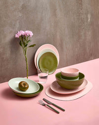 Eco-friendly pink placemat with textured design by Aida styled with similarly textured Aida crockery