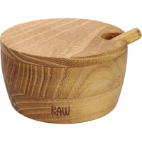 Aida RAW teak salt bowl with matching lid and spoon in natural wood grain