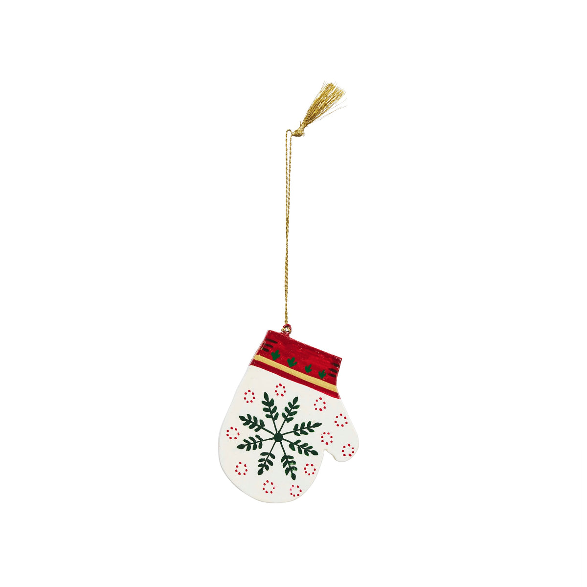 hand painted wooden mitten ornament with winter folk art pattern
