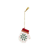 hand painted wooden mitten ornament with winter folk art pattern
