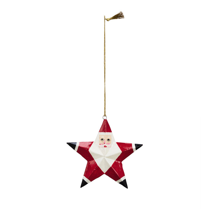 hand painted wooden santa star ornament in red and white with gold hanging string
