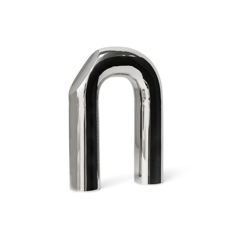  angled view of HKLIVING arch sculpture showing polished chrome finish
