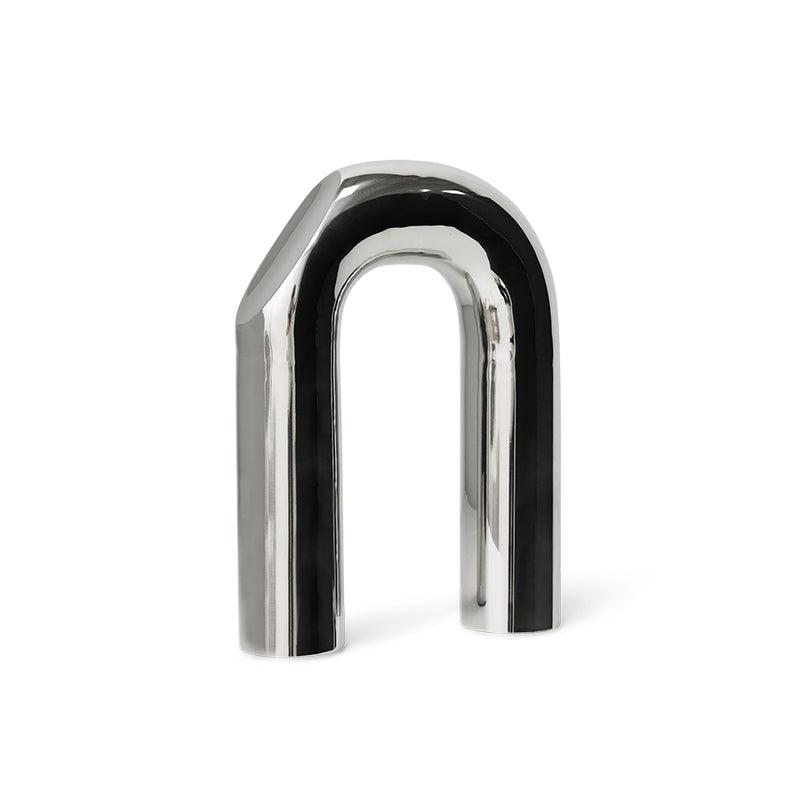  angled view of HKLIVING arch sculpture showing polished chrome finish
