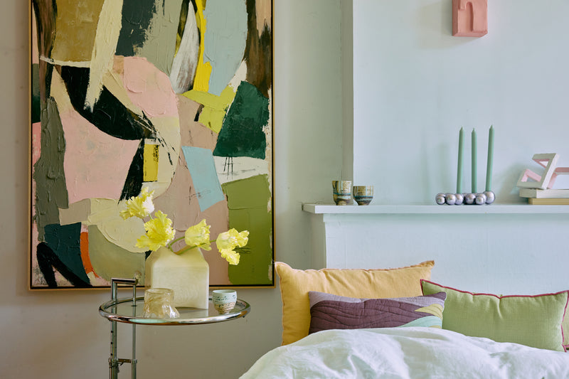 Artist Ceramics mugs styled in a cosy bedroom vignette for a calm, creative feel.
