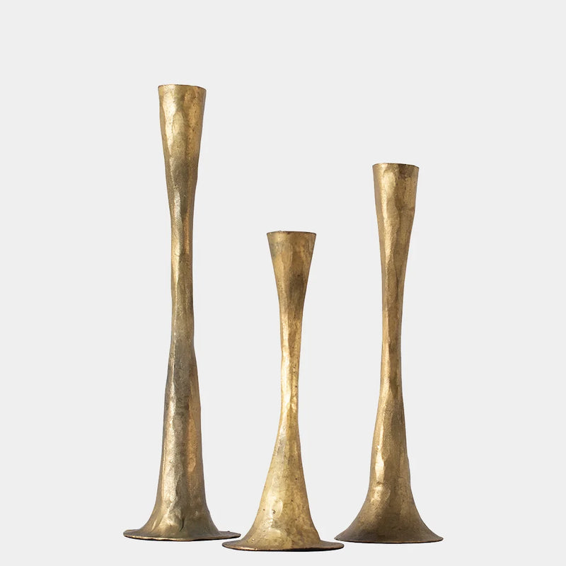 Set of three Ashraf antique gold cast iron taper candlesticks by Olsson & Jensen