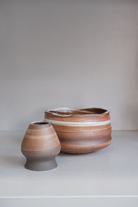 handmade auburn ceramic matcha bowl with finger grooves