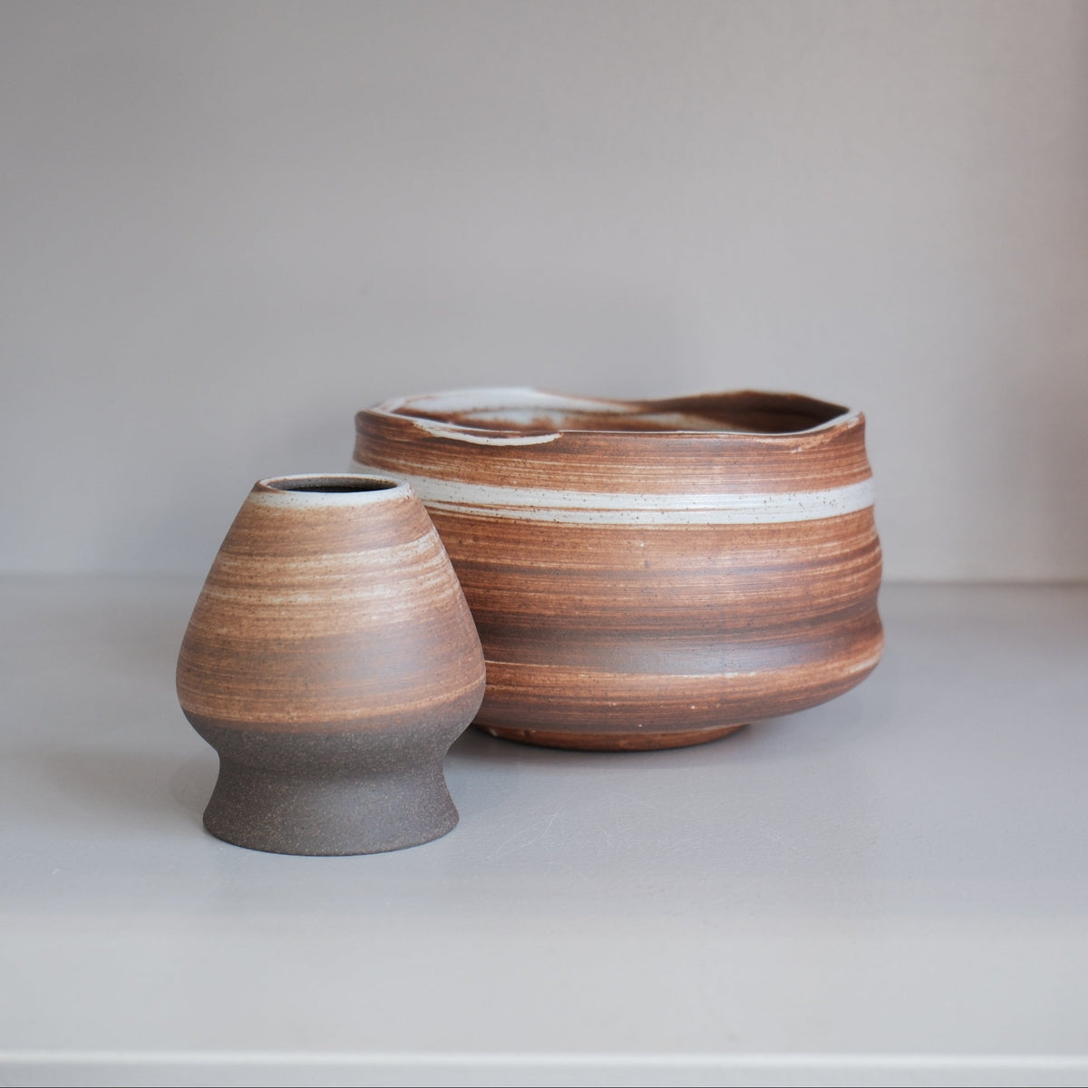 handmade auburn matcha bowl with matching ceramic whisk holder
