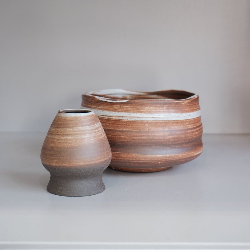 handmade auburn matcha bowl with matching ceramic whisk holder
