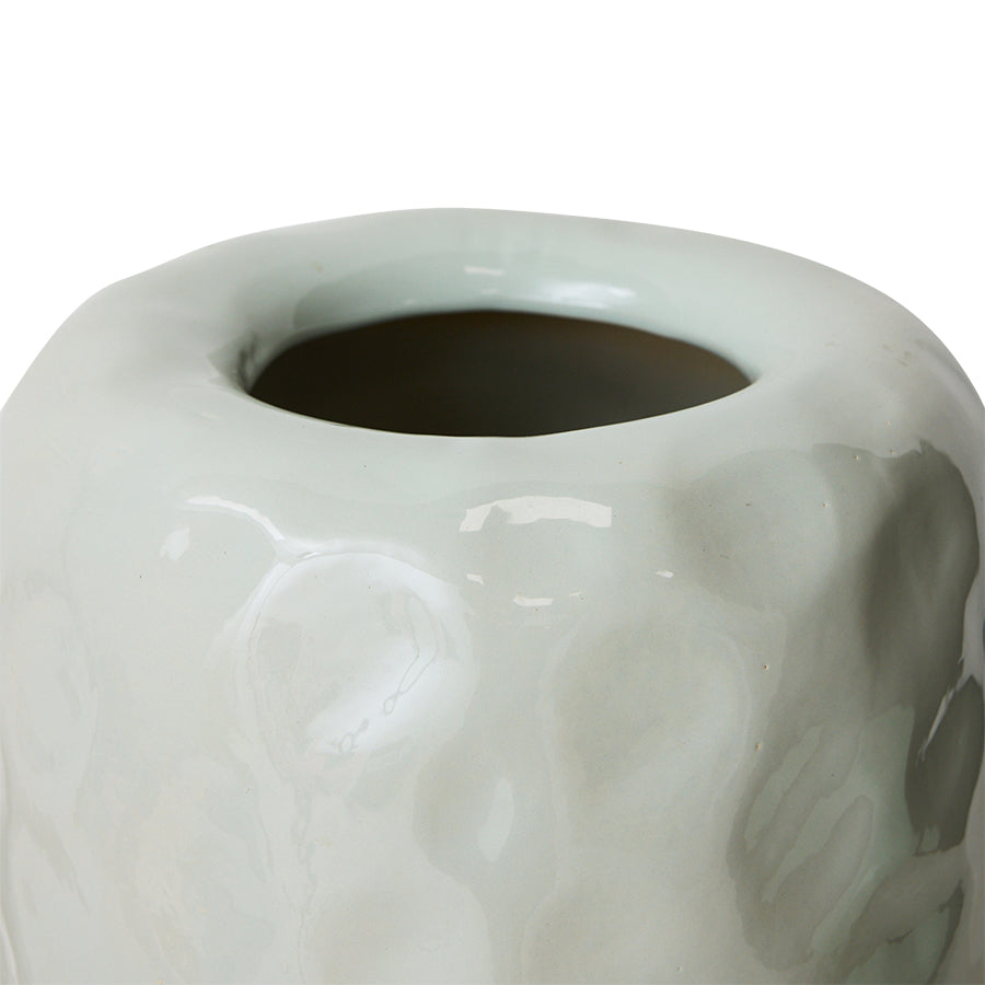 Close-up of HKLIVING earthenware floor vase rim showing dimpled pale mint texture