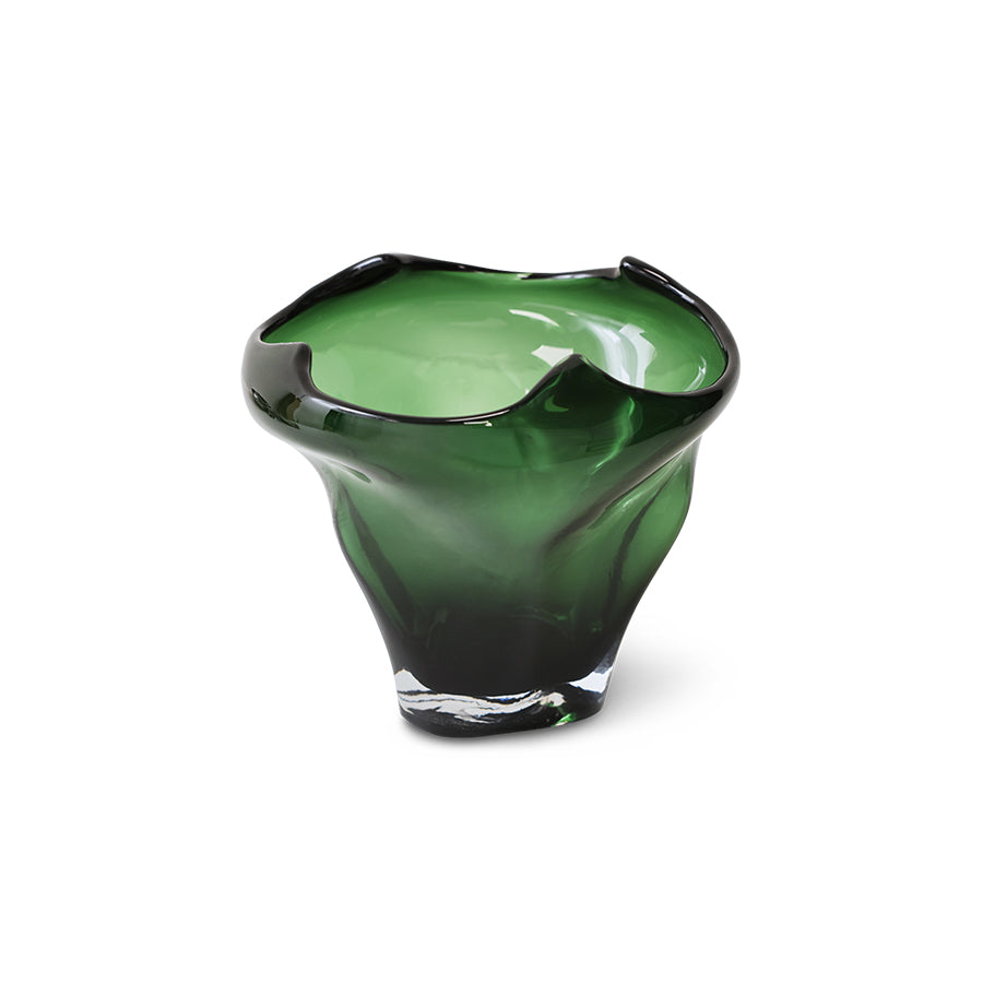 Angled view of HKLIVING folded mid vase in emerald green glass on white background