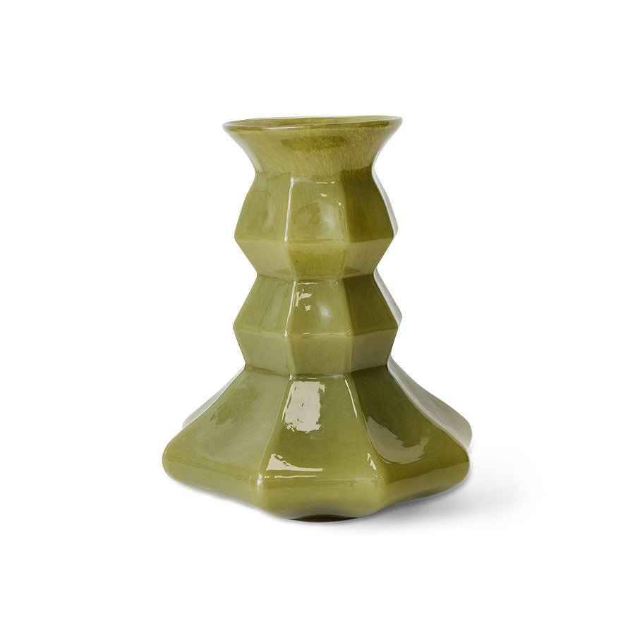 Front view of the olive green Silhouette glass vase, showing its tiered, hexagonal faceted form and flared trumpet rim