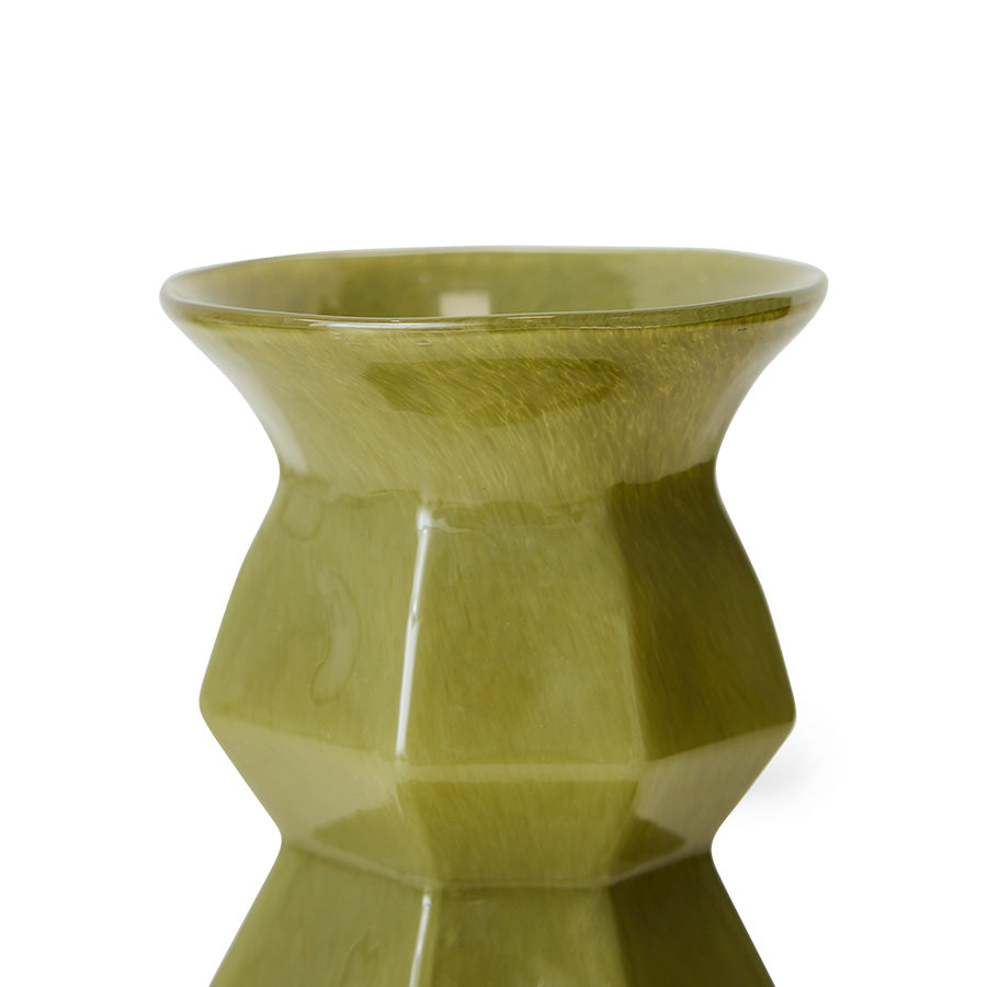 Close-up of the olive green Silhouette glass vase's flared rim, showing the glass's softly brushed, marbled finish