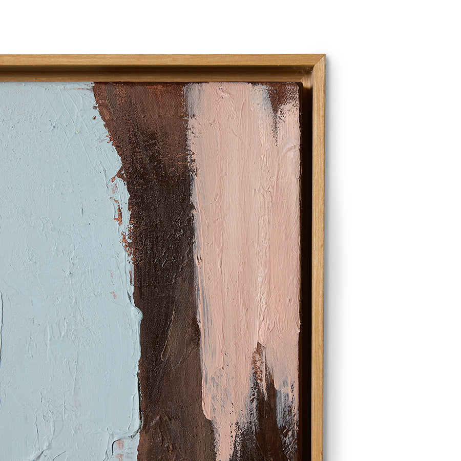Abstract painting with brown and pink strokes in an ash wood frame.