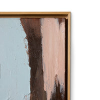 Abstract painting with brown and pink strokes in an ash wood frame.