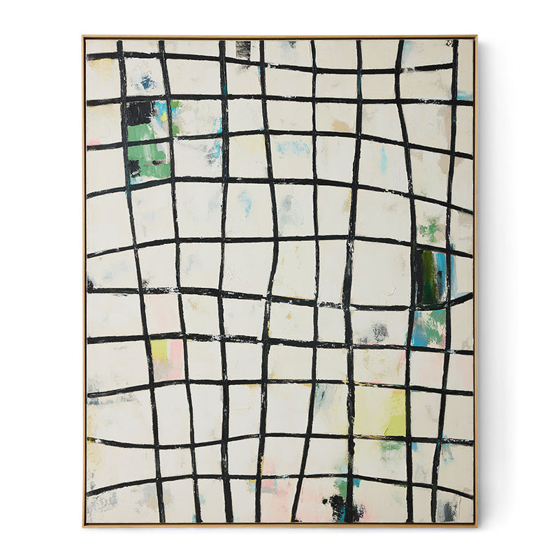 Wired framed canvas wall art by HKLIVING, abstract black grid painting 131 x 163cm on white background