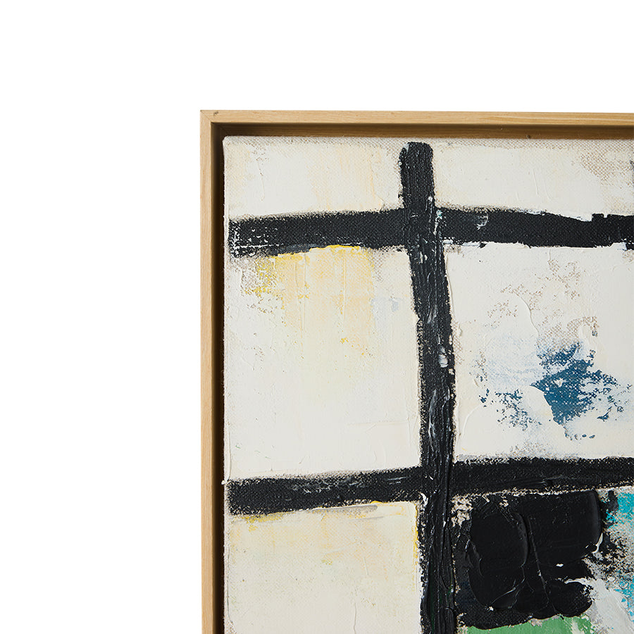 Close-up of the corner of Wired framed canvas wall art by HKLIVING showing the wood frame and hand-painted grid lines