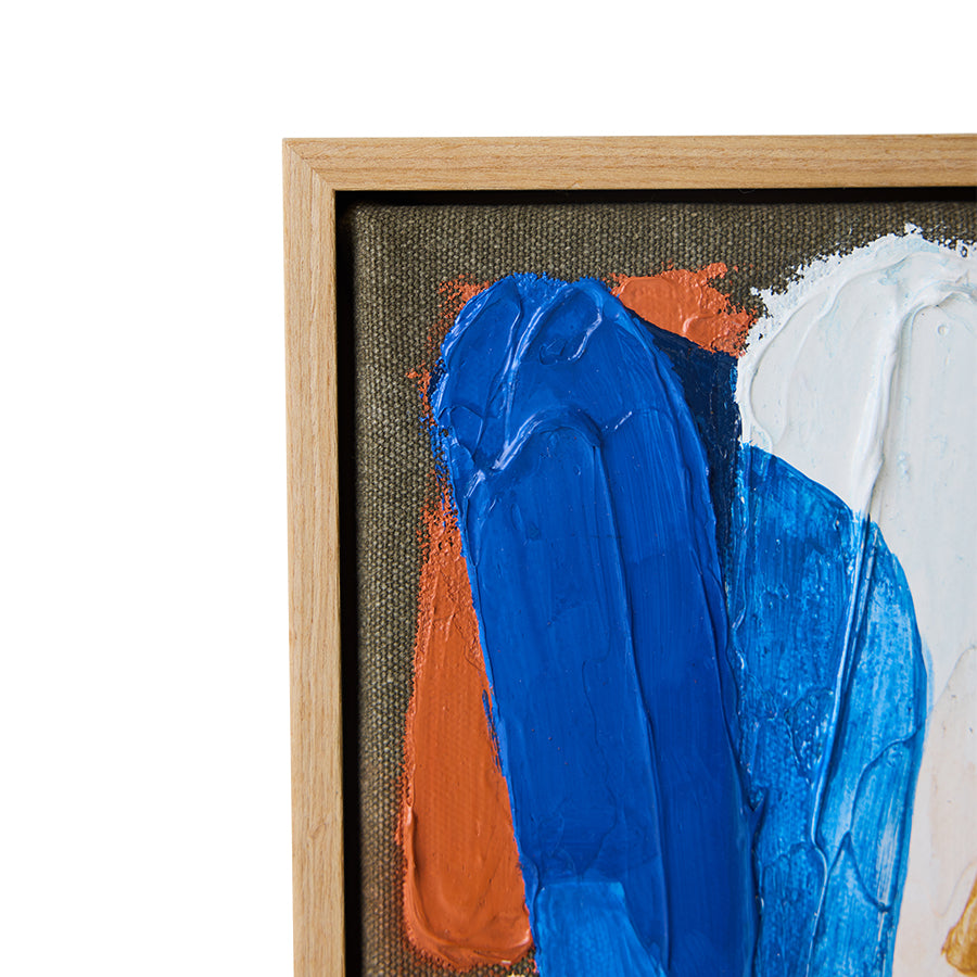 close up of HKLIVING Moonlight Strokes artwork showing blue textured paint and wooden frame