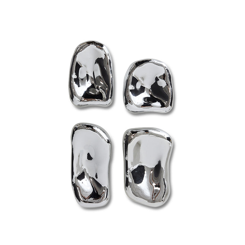 Set of four HKLIVING chrome glass wall sculptures in organic mirrored shapes on white background