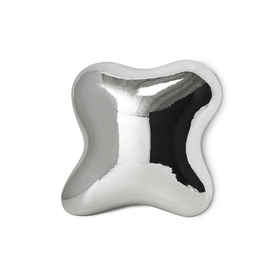 Chrome orb wall sculpture with a reflective, liquid-like finish on a white background