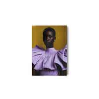 Reverie plexi portrait by HKLIVING, lilac garment against an ochre backdrop, 35 x 50cm on white background