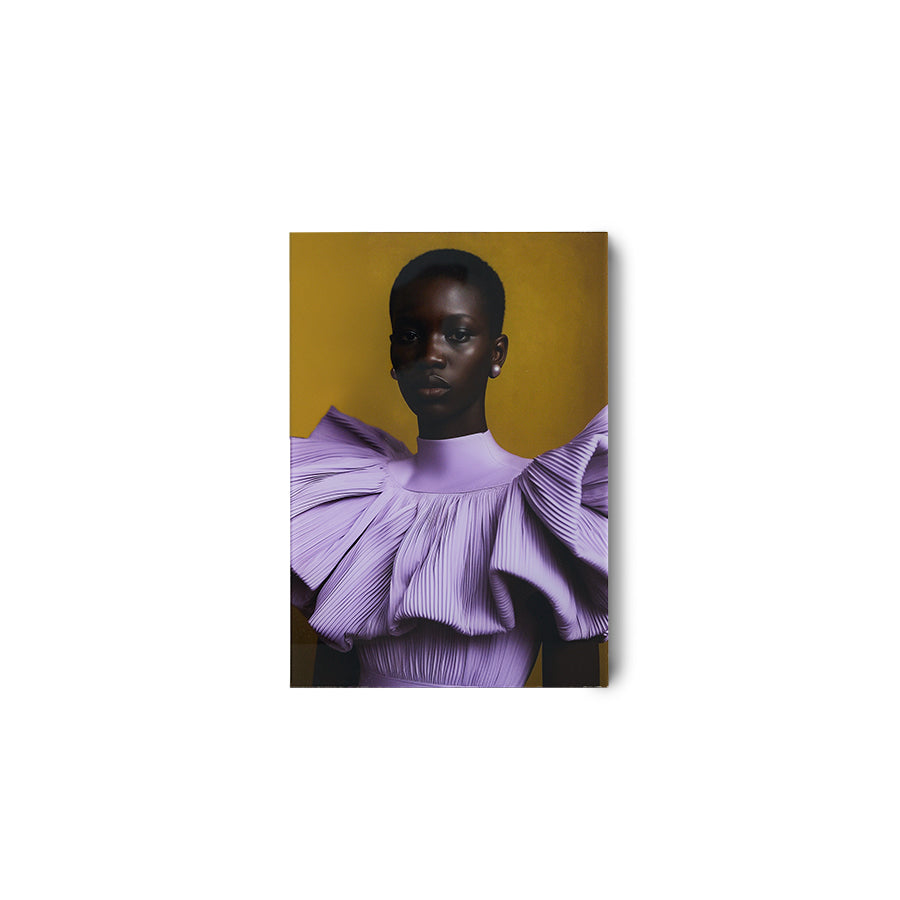 Reverie plexi portrait by HKLIVING, lilac garment against an ochre backdrop, 35 x 50cm on white background