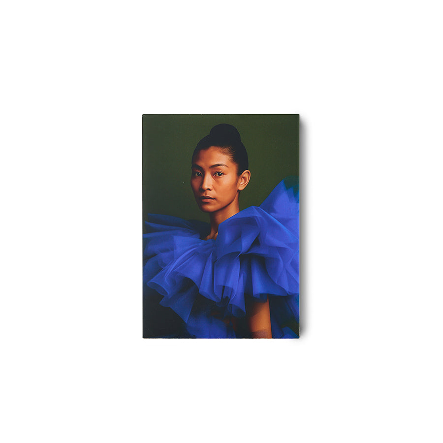 Volt plexi portrait by HKLIVING, blue tulle garment against a green backdrop, 35 x 50cm on white background