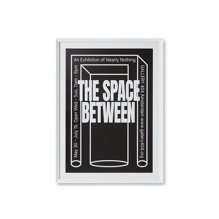 Between Space framed poster by HKLIVING, black and white typographic art 87 x 118cm on white background