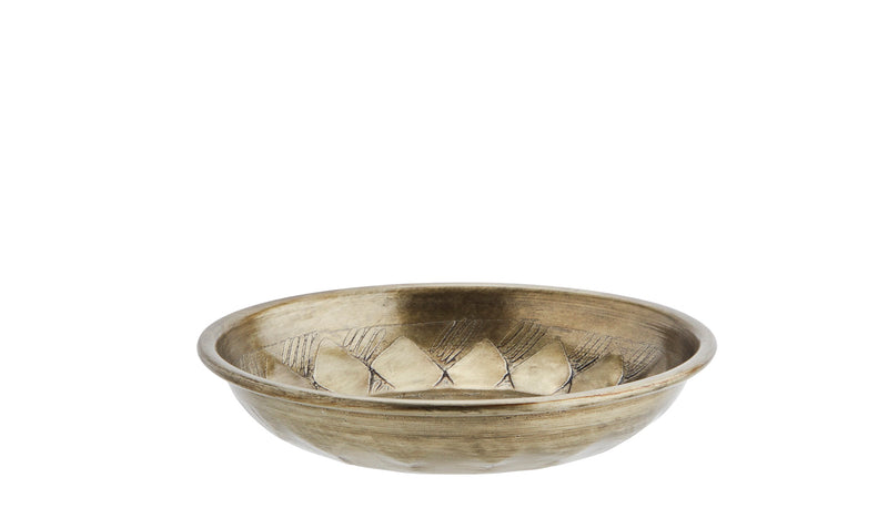 antique brass aluminium tray with hammered texture and raised rim
