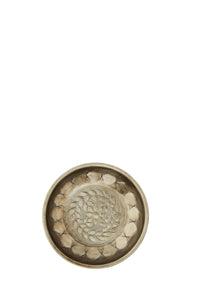 small hand-hammered aluminium tray in antique brass with decorative embossing
