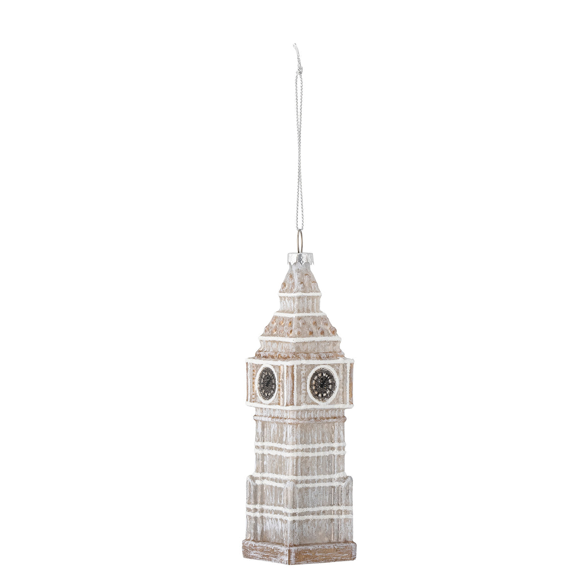 Hanging glass clock tower Christmas ornament on white background