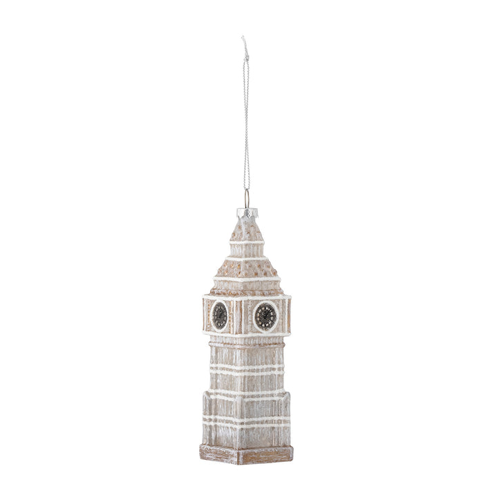 Hanging glass clock tower Christmas ornament on white background