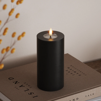 tall black LED pillar candle with lifelike flame creating warm autumnal ambience