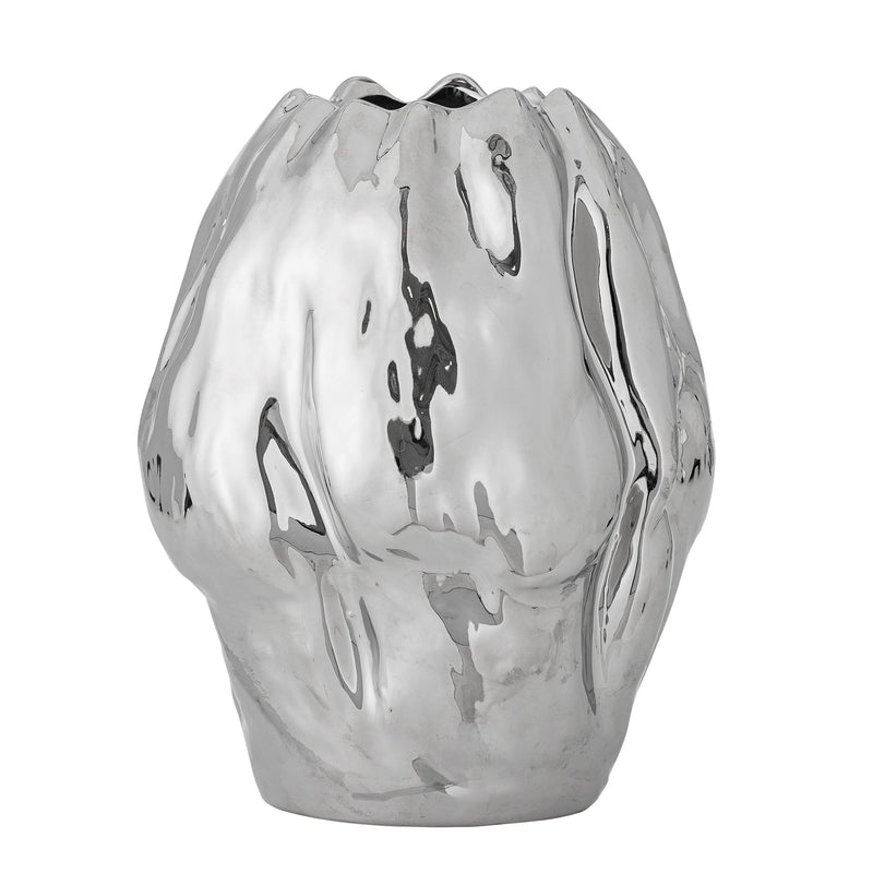 sculptural silver stoneware vase by bloomingville angled view