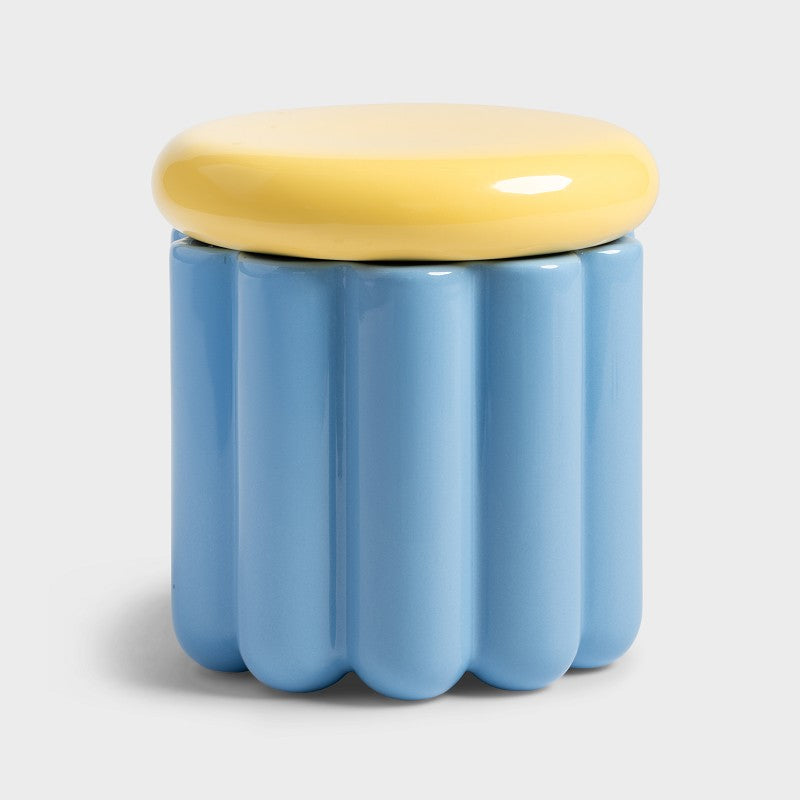 blue scalloped &k Amsterdam storage jar with rounded yellow lid
