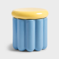 blue scalloped &k Amsterdam storage jar with rounded yellow lid
