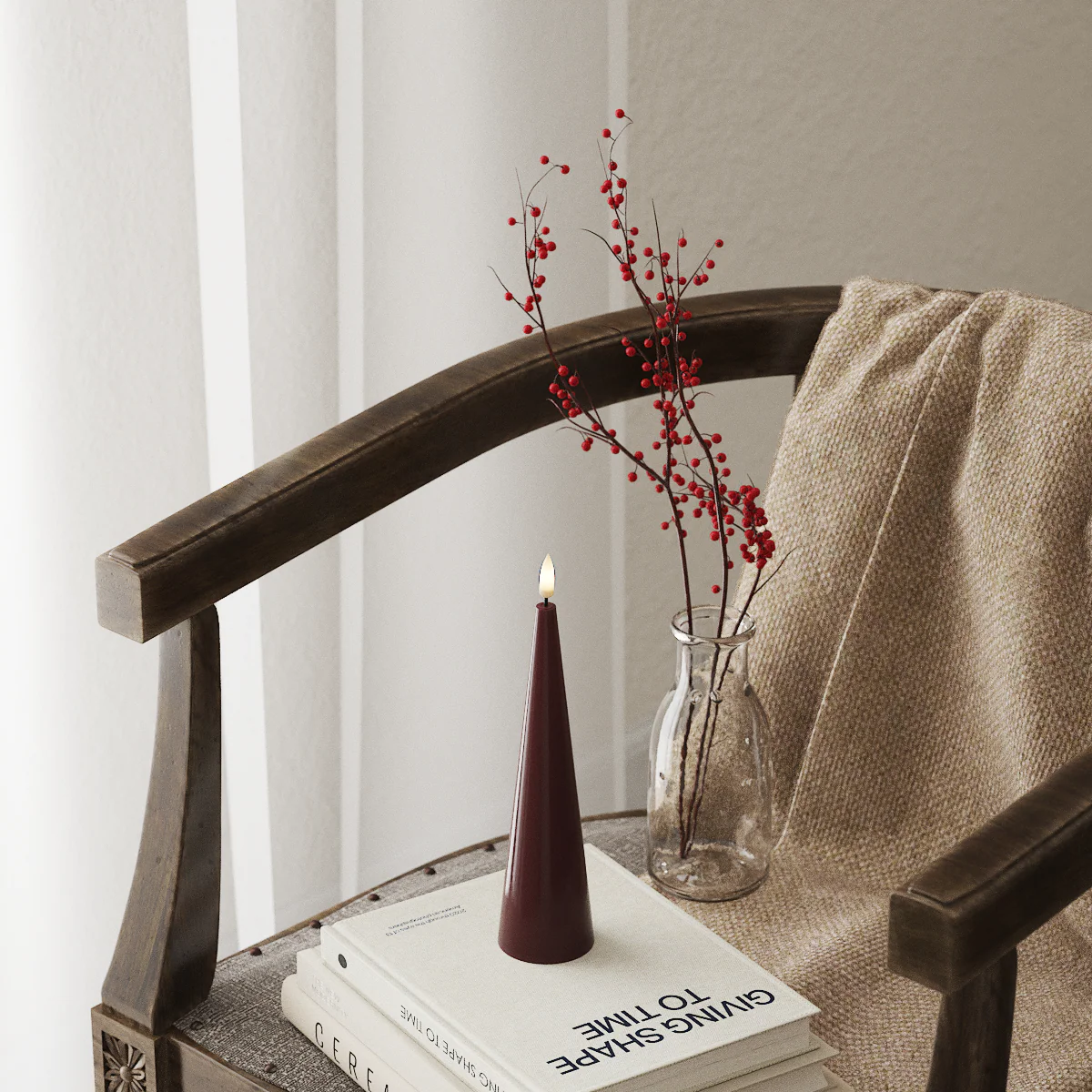 deep red bourgogne cone led candle for warm scandi-inspired decor