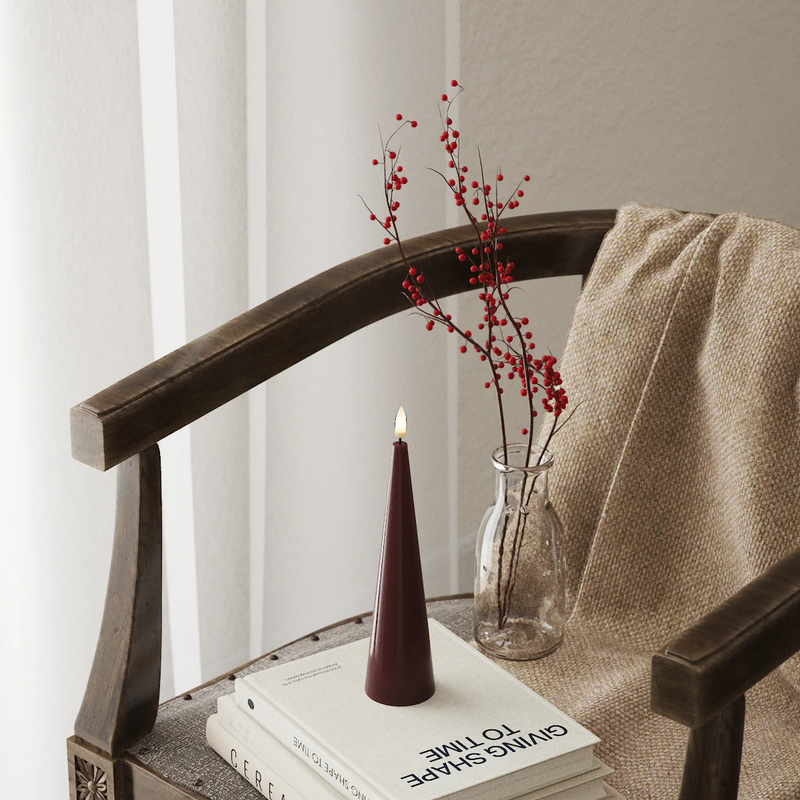 deep red bourgogne cone led candle for warm scandi-inspired decor