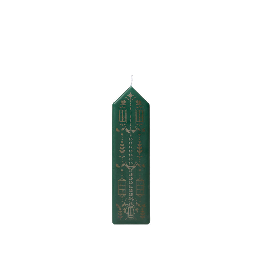Broste Copenhagen Casa Calendar Candle, a tall dark green house-shaped candle with gold pattern, on a white background
