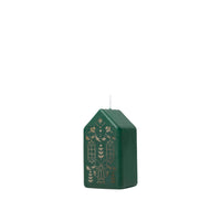 Side view of the dark green and gold Casa Figure Candle showing its gabled roof