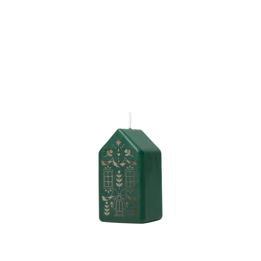 Side view of the dark green and gold Casa Figure Candle showing its gabled roof
