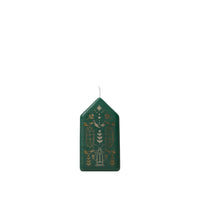 Broste Copenhagen Casa Figure Candle, a dark green house-shaped candle with gold pattern, on a white background