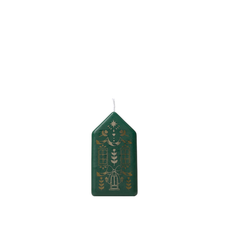 Broste Copenhagen Casa Figure Candle, a dark green house-shaped candle with gold pattern, on a white background