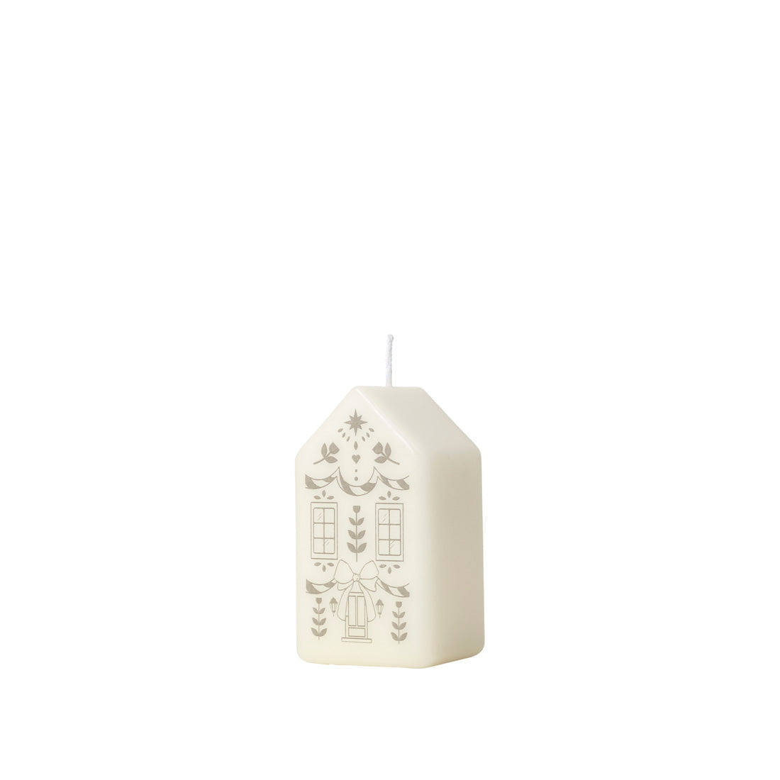 Side view of the white and silver Casa Figure Candle showing its gabled roof