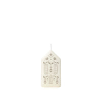 Broste Copenhagen Casa Figure Candle, a white house-shaped candle with silver pattern, on a white background