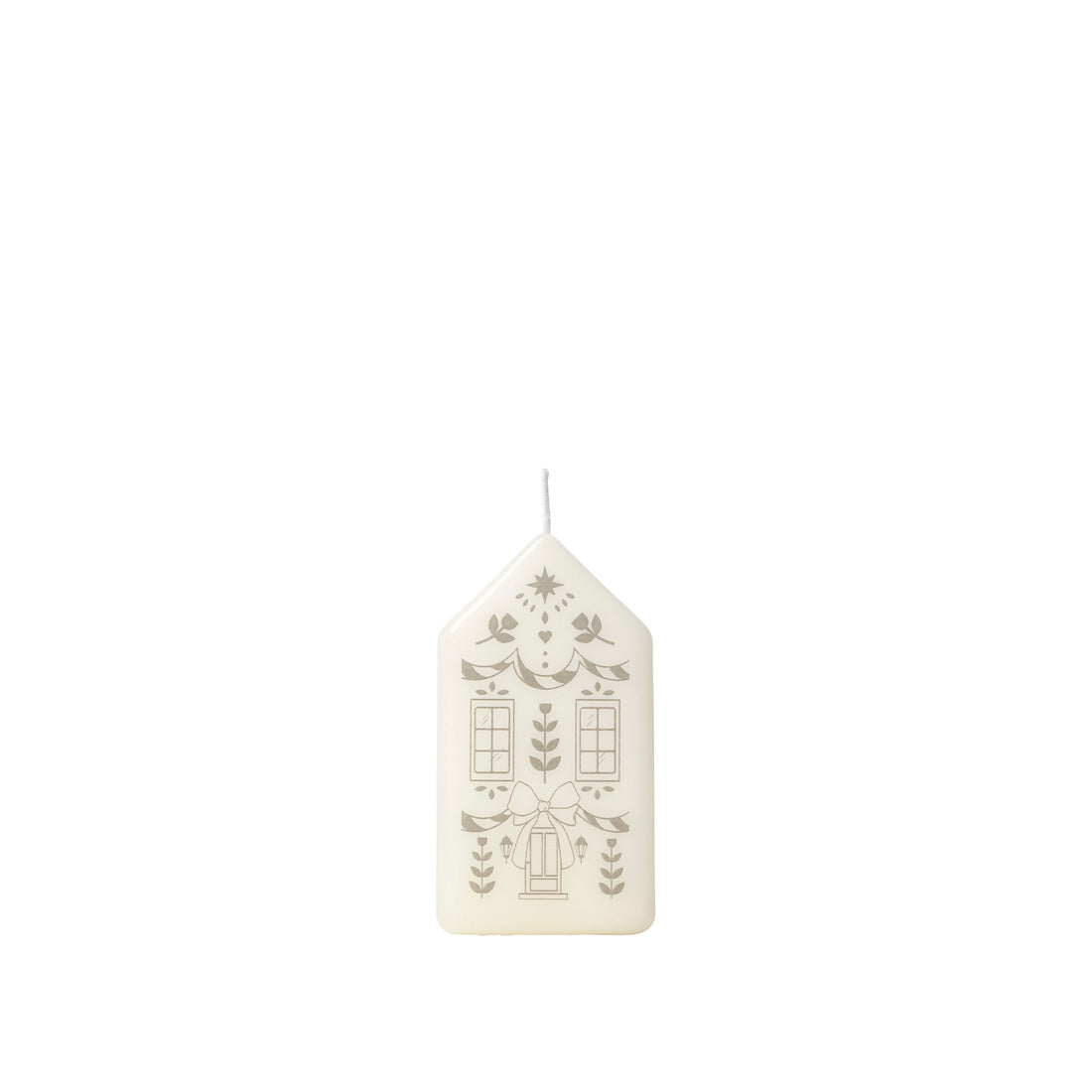 Broste Copenhagen Casa Figure Candle, a white house-shaped candle with silver pattern, on a white background