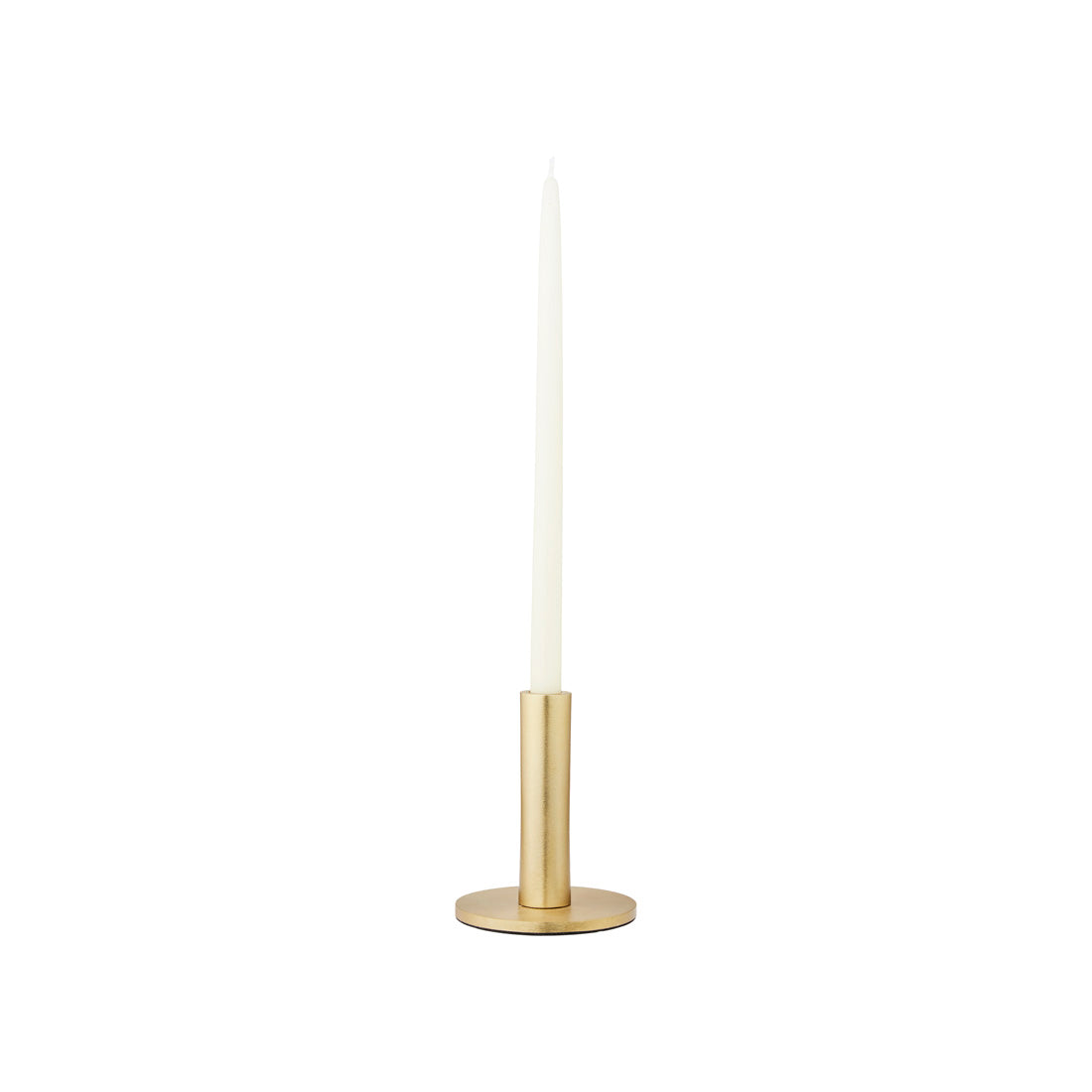 Small brass Maro candle holder holding a white taper candle
