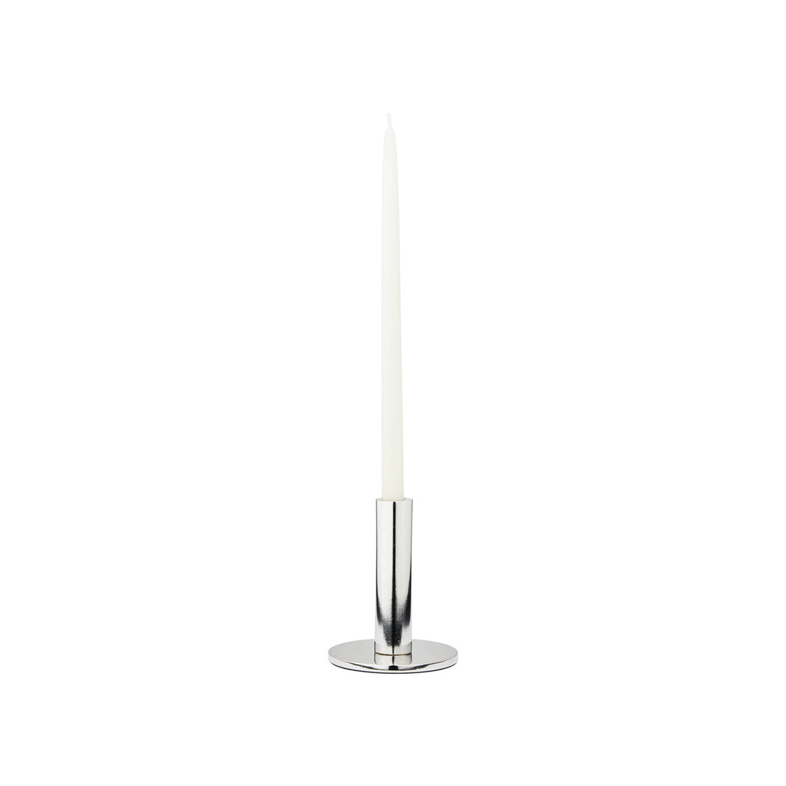Small silver Maro candle holder holding a white taper candle